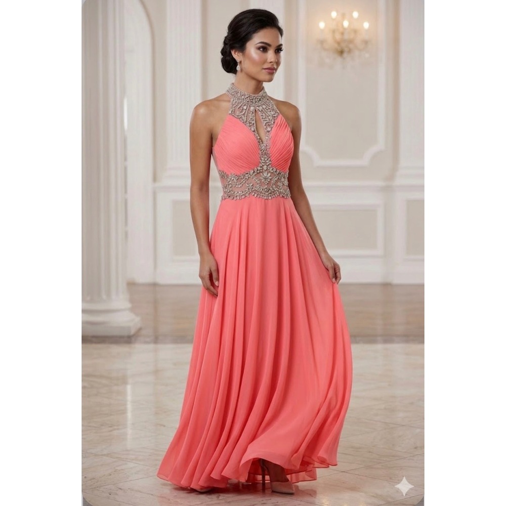 Coral Pink Beaded Halter Neck Prom Gown Formal Dress Size 2 Style NWT Display